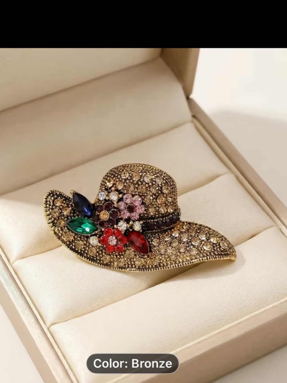 Bronze Rhinestone Hat Brooch with Multicolor Gem Flowers nwt - Picture 2 of 4